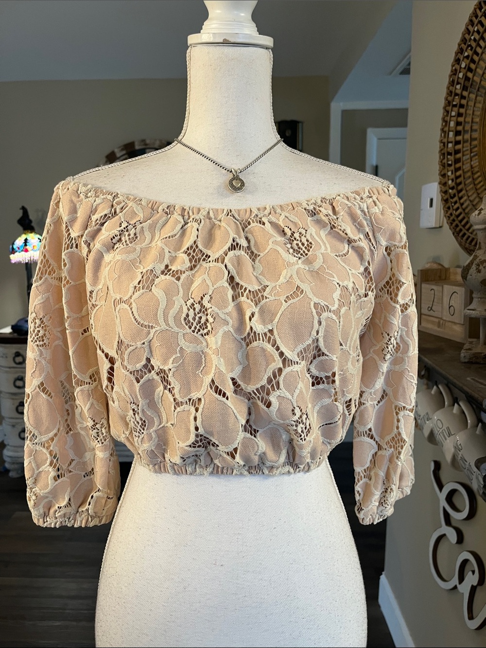 Tularosa Beige Lace Off-Shoulder Crop Top